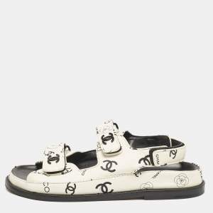 Pre Owned Chanel White/Black Printed Leather CC Dad Velcro Flat Sandals Size 38