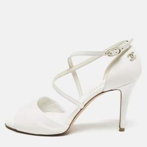 Chanel White Leather Ankle Strap Sandals Size 39