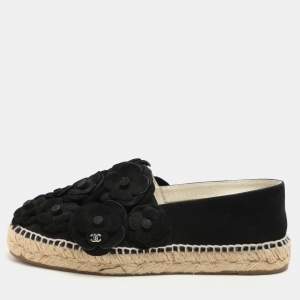 Chanel Black Suede Camelia CC Espadrille Flats Size 37