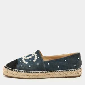 Chanel Teal and Black Suede Faux Pearl CC Espadrilles Flats Size 37