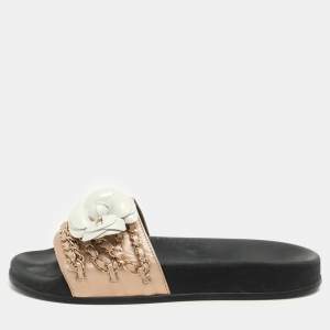 Chanel Metallic Leather CC Camellia Chain Link Detail Slides Size 37