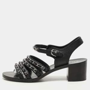Chanel Black Leather CC Chain Detail Ankle Strap Sandals Size 37