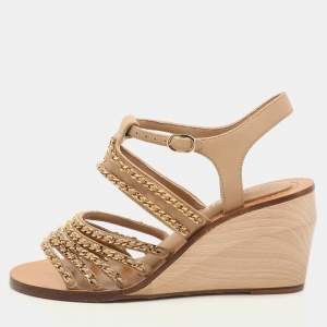Chanel Beige Leather Chain Embellished Wedge Sandals Size 37