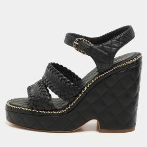 Chanel Black Leather CC Chain Link Detail Wedge Platform Sandals Size 37.5