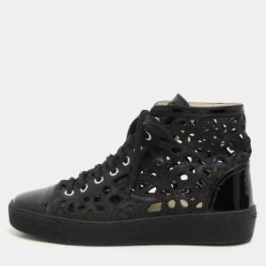Chanel Black Cut Out Leather CC Cap Toe High Top Sneakers Size 36.5