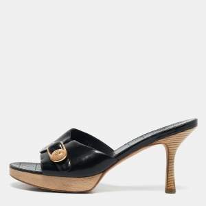 Chanel Black Patent Leather Platform Slide Sandals Size 39.5