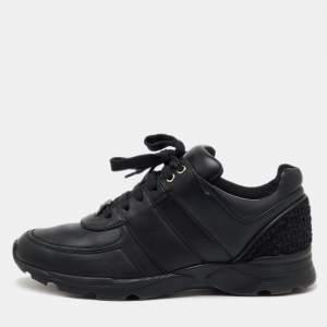 Chanel Black Leather and Tweed CC Low Top Sneakers Size 41