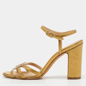 Chanel Gold Textured Leather Crystal Embellished Bow Ankle Strap Sandals Size 39.5