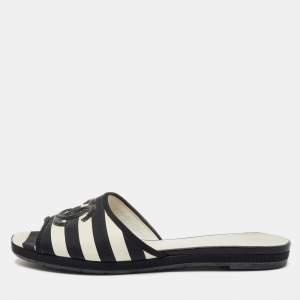 Pre Owned Chanel Black/White Stripe Print Fabric CC Flat Slide Sandals Size 36.5