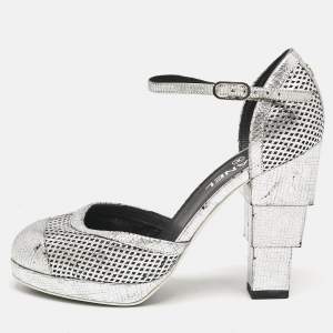 Chanel Silver Laser Cut Leather CC Platform Ankle Strap Pumps Size 38.5 
