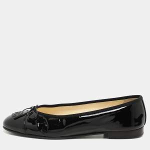 Chanel Black Patent Leather CC Cap Toe Bow Ballet Flats Size 36.5
