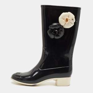 Chanel Black Rubber Camellia Embellished CC Rain Boots Size 39