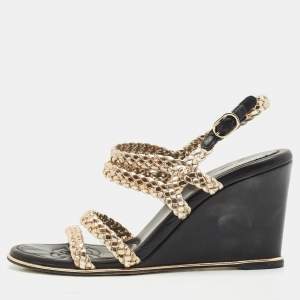 Chanel Metallic Woven Leather Ankle Strap Wedge Sandals Size 37.5