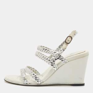 Chanel Silver Woven Leather Ankle Strap Wedge Sandals Size 36.5