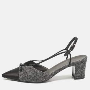 مملوكة مسبقًا Chanel Grey/Black Satin and Tweed Cap Toe Bow Slingback Pumps Size 42