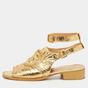 Chanel Gold Leather Brogue Lace Up Oxford Open Toe Ankle Strap Sandals Size 39