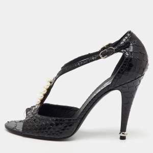Chanel Black Python Leather CC Pearl Embellished T-Strap Sandals Size 39