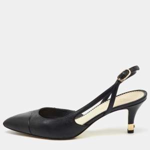 Chanel Black Leather Pointed Toe CC Heel Slingback Pumps Size 37 