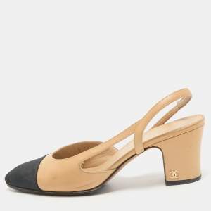 Chanel Beige/Black Leather and Fabric CC Cap Toe Slingback Pumps Size 35