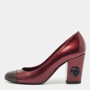Chanel Burgundy Leather Cap Toe Camellia Flower Embellished Block Heel Pumps Size 39