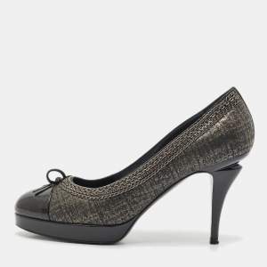 Chanel Black Lurex Fabric and Patent Leather Bow CC Cap Toe Chain Platform Pumps Size 38.5