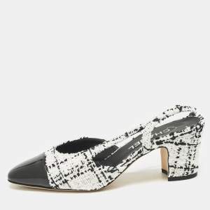مملوكة مسبقًا Chanel Black/White Patent Leather and Tweed CC Cap Toe Slingback Pumps Size 38.5