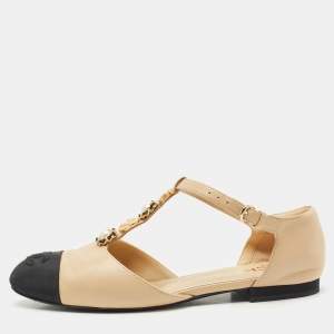 Chanel Beige/Black Canvas and Leather  Interlocking CC Logo Ballet Flats Size 37.5