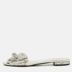 Chanel Silver Glitter and Leather Camellia Flat Slide Sandals Size 39.5