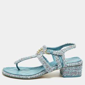 Chanel Multicolor Leather and Tweed CC Thong Sandals Size 39