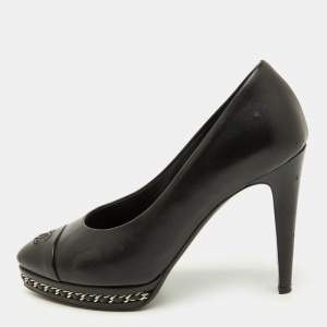 Chanel Black Leather CC Cap Toe Chain Detail Platform Pumps Size 38