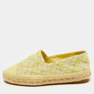 Chanel Yellow Leather and Tweed CC Cap Toe Espadrille Flats Size 36