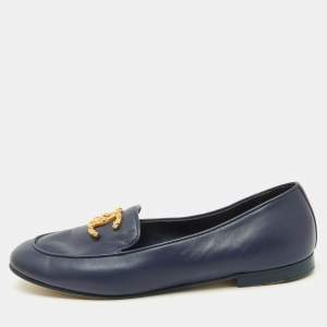 Chanel Navy Blue Leather CC Logo Slip On Loafers Size 40