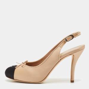 Chanel Beige/Black Satin CC Slingback Pumps Size 39.5