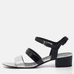 Chanel Black & Silver Leather and Watersnake Skin Slingback Sandals Size 41.5