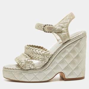 Pre Owned Chanel Silver Leather Platform Ankle Strap Sandals Size 38