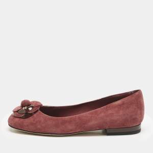 Chanel Burgundy Suede and Patent Leather CC Camellia Ballet Flats Size 35
