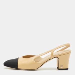 Chanel Beige/Black Leather and Fabric Cap Toe CC Slingback Pumps Size 37