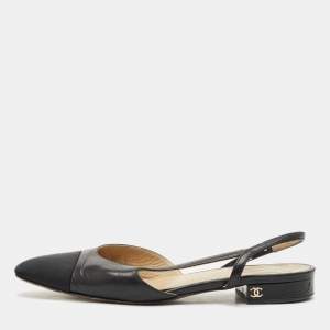 Pre Owned Chanel Black Leather and Canvas CC Cap Toe Slingback Flat Sandals Size 38