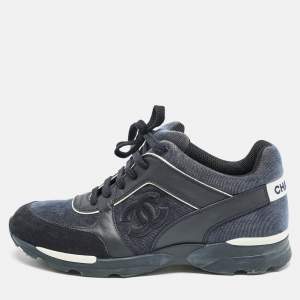 Chanel Navy Blue Leather and Fabric CC Low Top Sneakers Size 40