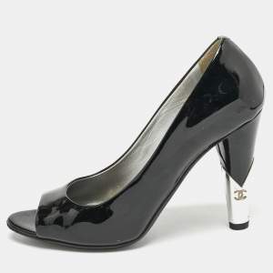Chanel Black  Patent Leather CC Pearl Embellished Peep Toe Pumps Size 38.5