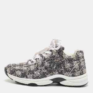 Pre Owned Chanel Grey/White Fabric Lace Up Sneakers Size 37