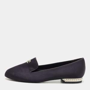 Chanel Navy Blue Satin CC Pearl Embellished Smoking Slippers Size 40