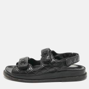 Pre Owned Chanel Black Quilted Leather CC Dad Sandals Size 38
