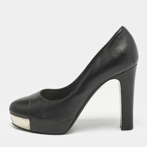 Chanel Black Leather CC Cap Toe Platform Pumps Size 37