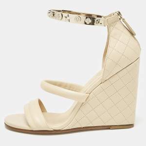 Chanel Beige Quilted Leather Bracelet Ankle Strap Wedge Sandals Size 39