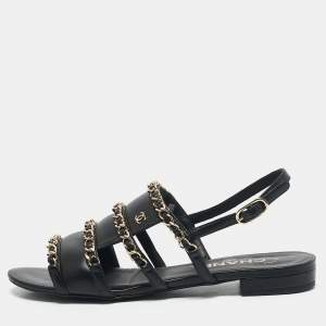Chanel Black Leather CC Chain Link Slingback Flat Sandals Size 36