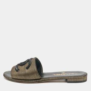 Chanel Black/Gold Suede Beaded CC Flat Slides Size 36