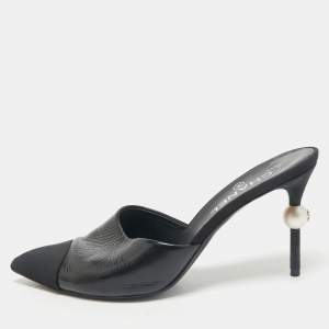Chanel Black Canvas and Leather CC Peal Heel Mules Size 40
