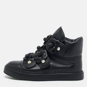 Chanel Black Leather CC Pearl Camelia High Top Sneakers Size 38