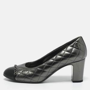 Chanel Metallic/Black Leather Block Heel Pumps Size 38.5